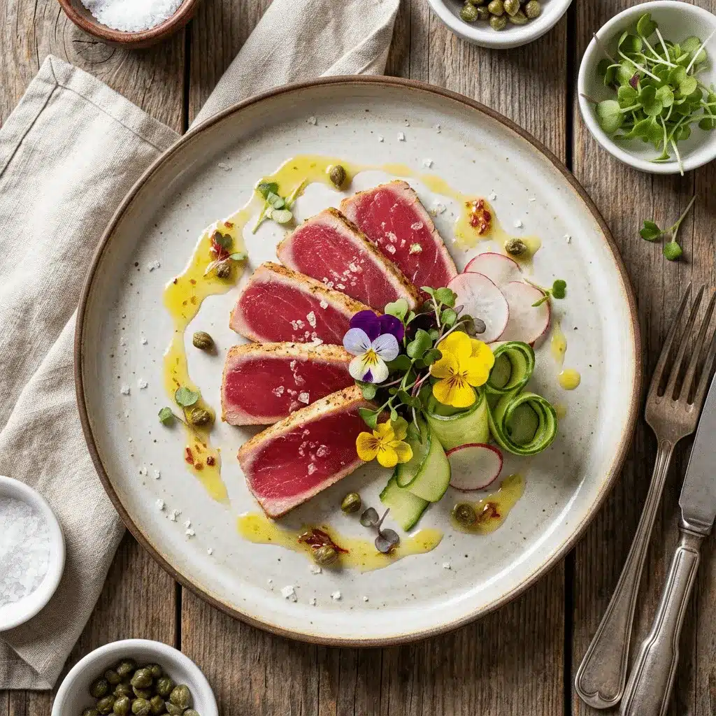 Seared tuna dish prepared with seafood from Keenan Seafood